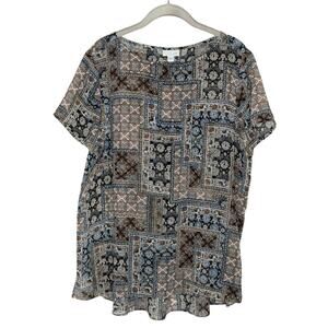 J Jill Size Large Brown & Blue Bandana Print Semi Sheer Hi Lo Top Cap Sleeve